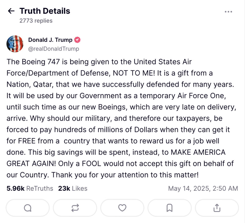 trump lennuk kingitus katar