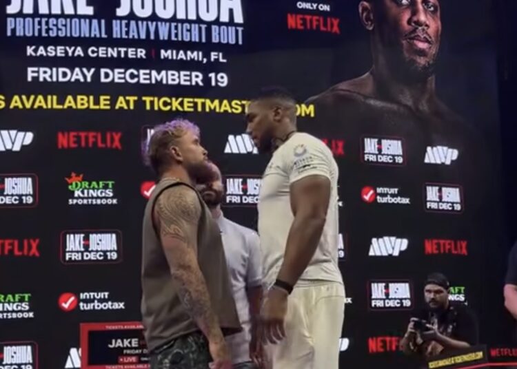 Jake Paul ja Anthony Joshua face-off. Foto: kuvatõmmis