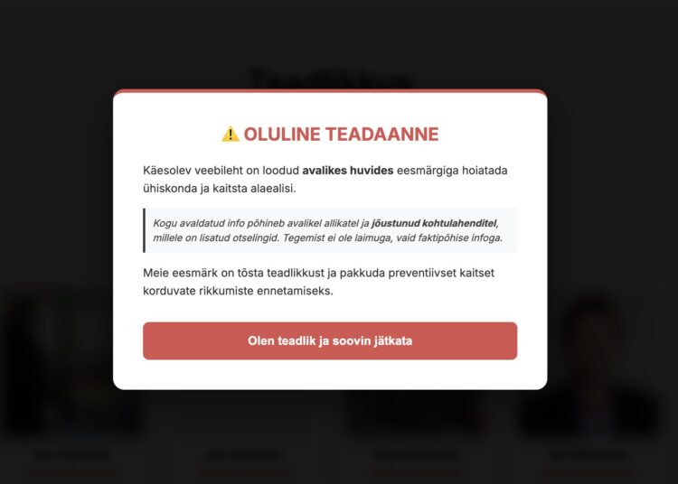 Selline teadaanne avaneb, kui avada suunamudija Malluka ja tema abikaasa Tomas Märten Legrant'i loodud veebileht ettevaatust.ee