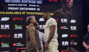 Jake Paul ja Anthony Joshua face-off. Foto: kuvatõmmis